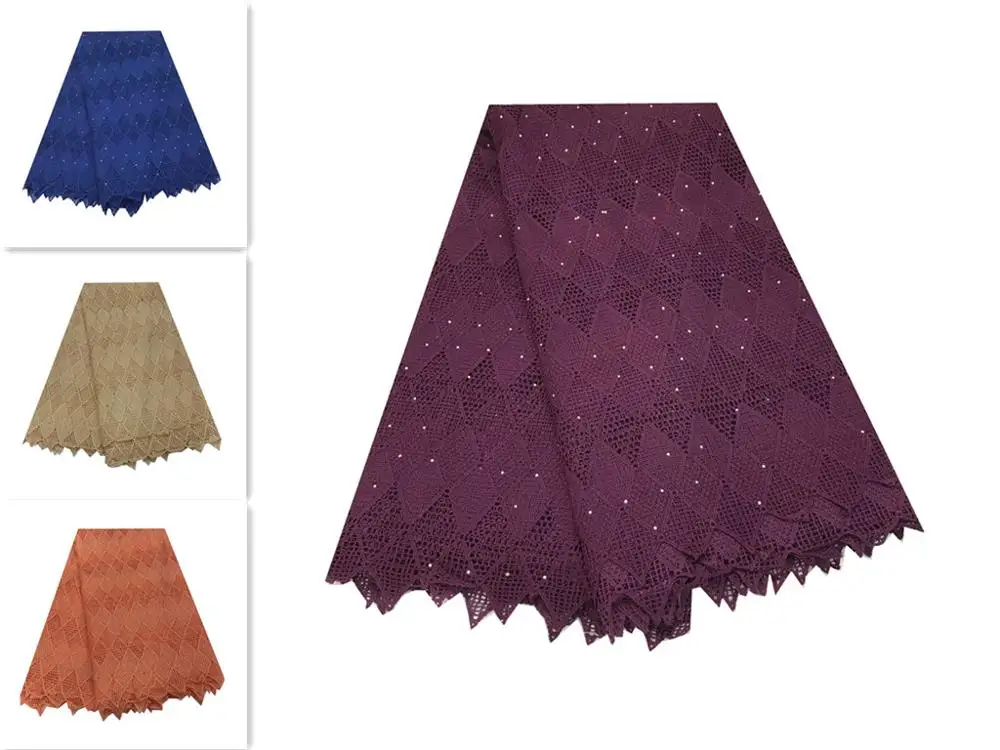 Темно-фиолетовая 100% хлопчатобумажная швейцарская вуаль кружевная ткань Стразы