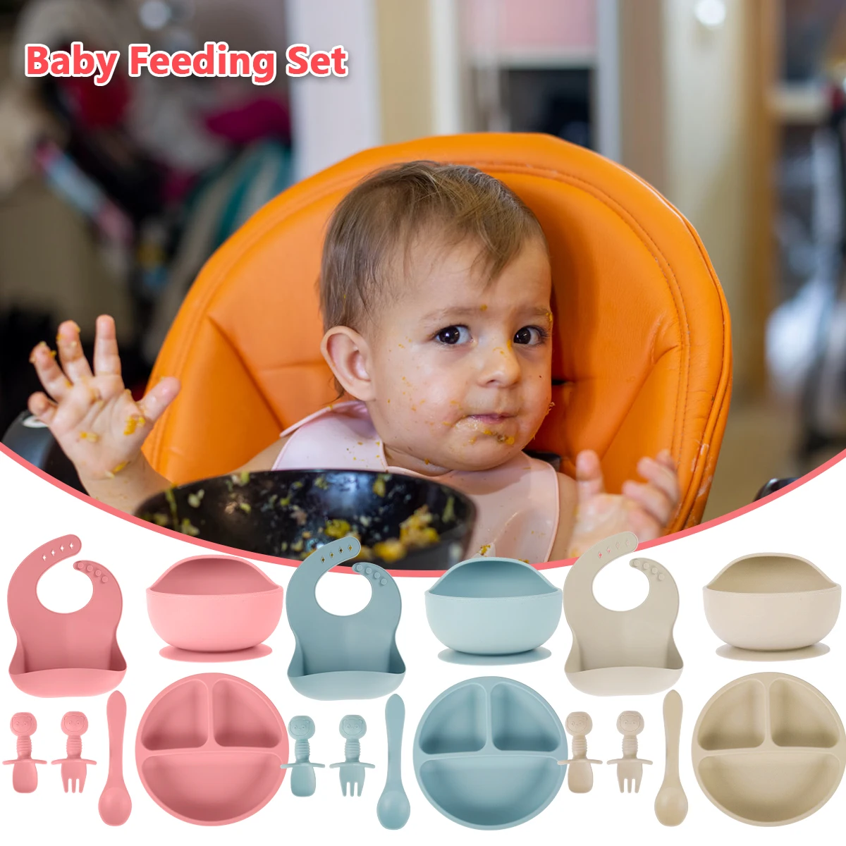

Baby Feeding Without BPA Bowl Tableware Non-Slip Crockery Silicone suction Dishes and Dinner Plate Spoon Fork Baby Food Supplies