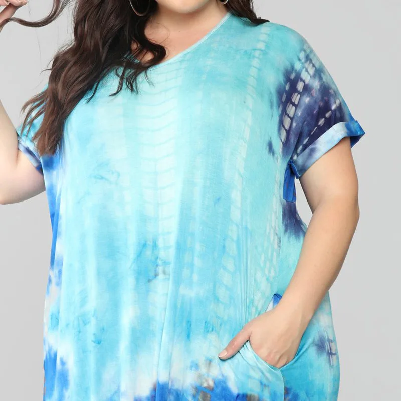 

2019 New Cross Border Popular Tie Dye Printing Straight Tube Loose Large Size Short Sleeve Vestidos Beach Boho Summer Plus Size