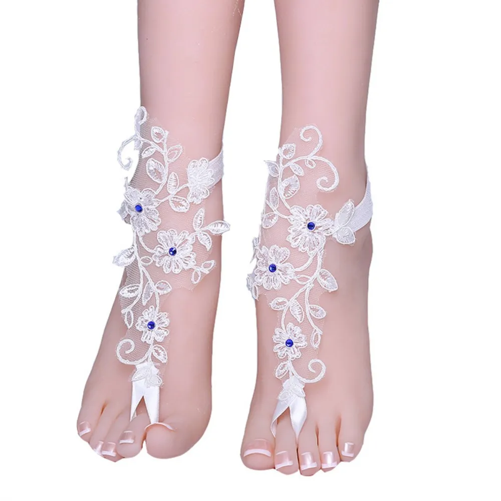 

White Lace Woman Bridal Anklets Wedding Barefoot Sandals Shoes Beach Foot Sunbathing with blue Jewelry 2020