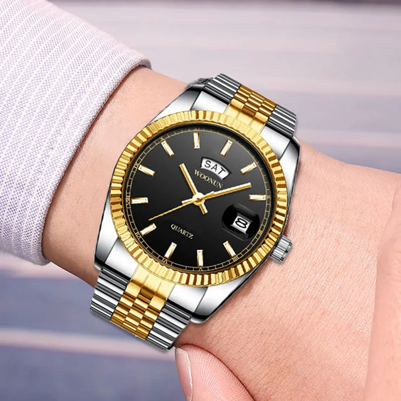 Relojes de lujo para hombre, pulsera de cuarzo con fecha de día de acero inoxidable, oro y plata, de negocios, de imitación