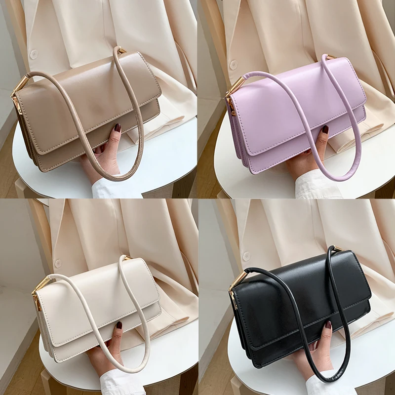 

Designer Leather Baguette Shoulder Bags For Women 2021 Simple Armpit Bag Lady Handbags Female Trend Solid Color Travel Hand Bag