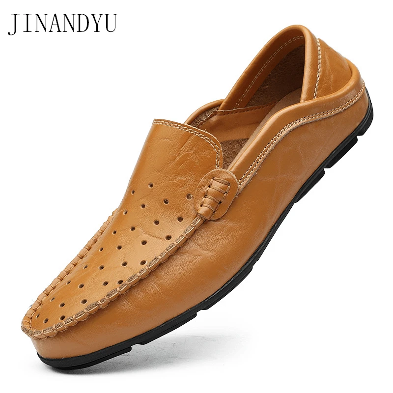 

Big Size 47 Leather Loafer Hollow Out Breathable Shoes Classic Comfy Light Casual Mens Shoes Mens Leather Slippers Driving Shoes