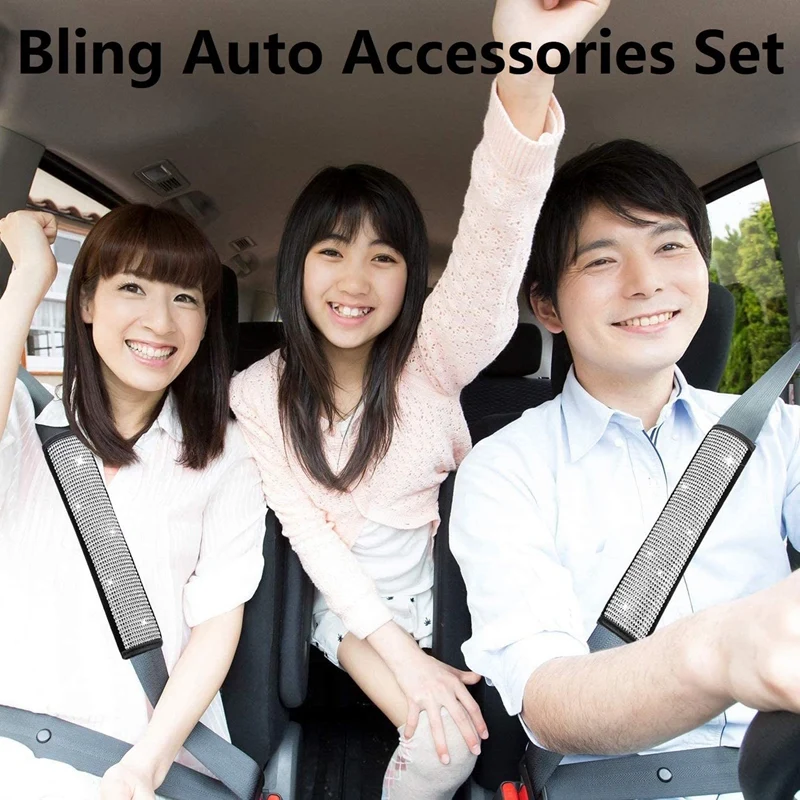 

Bling Car Accessories Set, Seat Belt Covers, Rhinestones Gear Shift Cover,Handbrake Cover,Engine Sticker,Valve Stem Caps