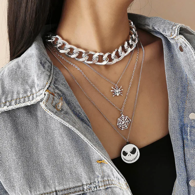 

Punk Exaggerated Spider Cobweb Pumpkin Pendant Necklace for Women Hiphop Geometric Thick Chain Necklace Halloween Party Jewelry