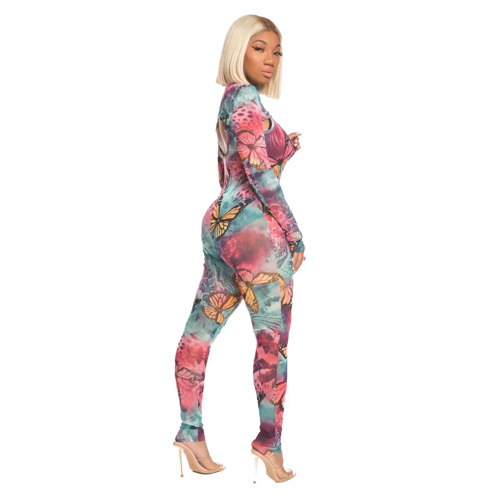 

Butterfly Tie Dye 2 Piece Set Women Clothes 2021 Long Sleeve Cropped Tops and Spaghetti Strap Skinny Jumpsuit Club Party Outfits