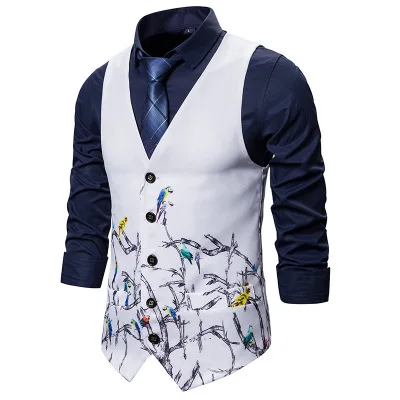 

Free Shipping Men's Suit Vest Autumn And Winter New Fashion Men's Vest European Size Bird Branch Print Vest Men 042