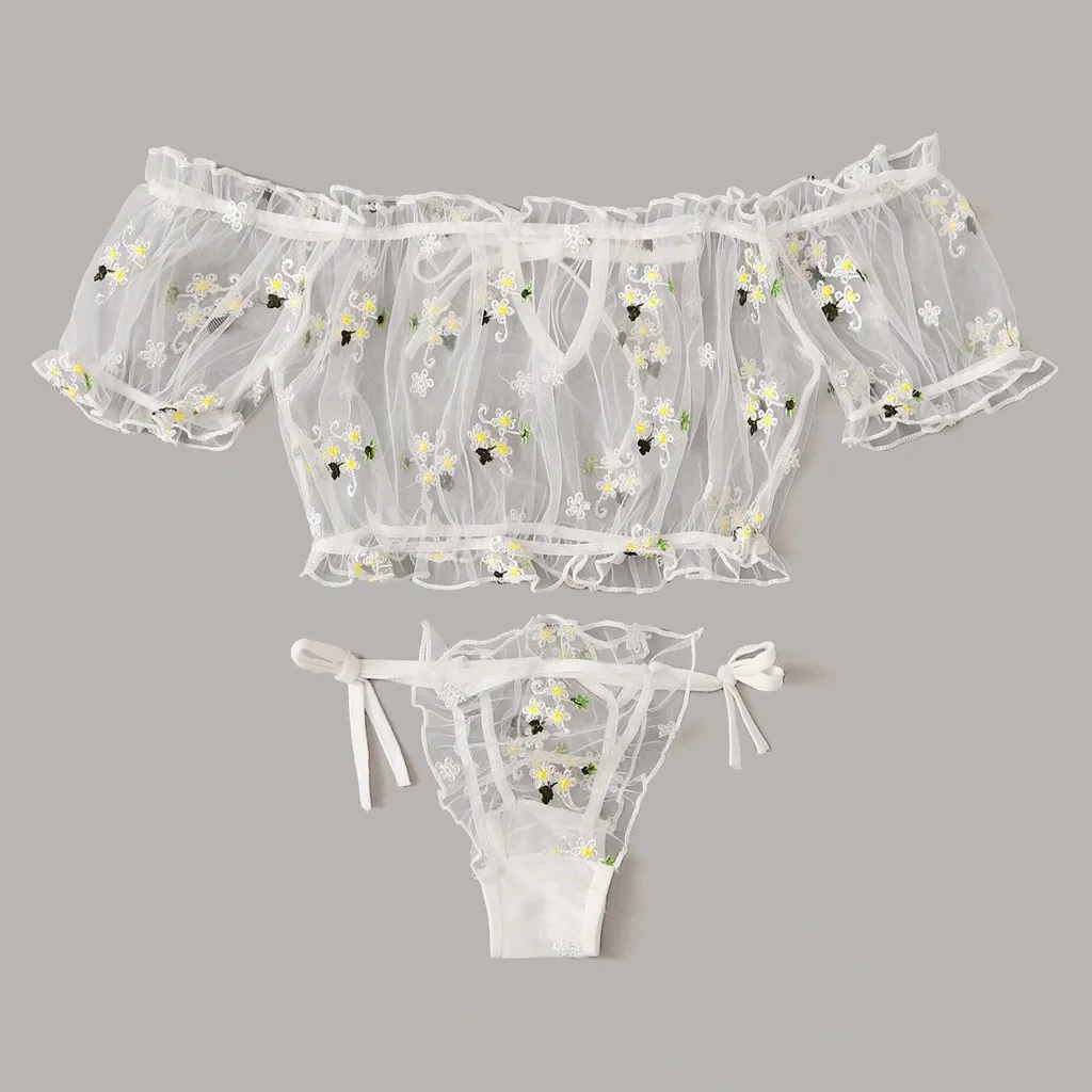 lingerie sexy hot erotic Women Embroidery Lace Bowknot Strapless Bra Thong Set Sleepwear Pajamas Lingerie feminina E30 | Тематическая