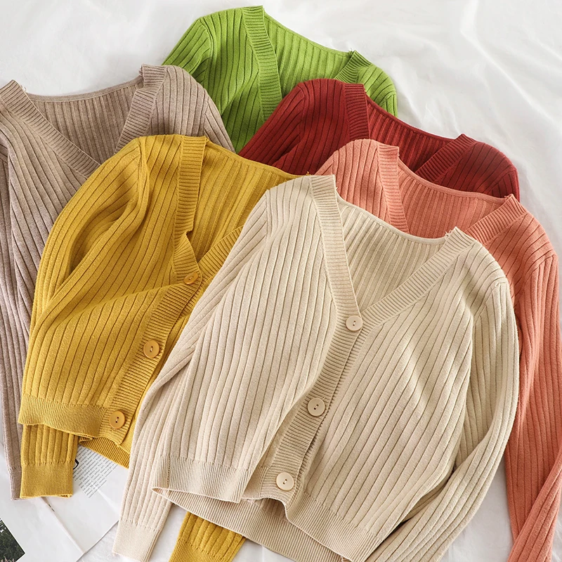 Короткий кардиган Женский трикотажный свитер с V-образным вырезом пальто топы