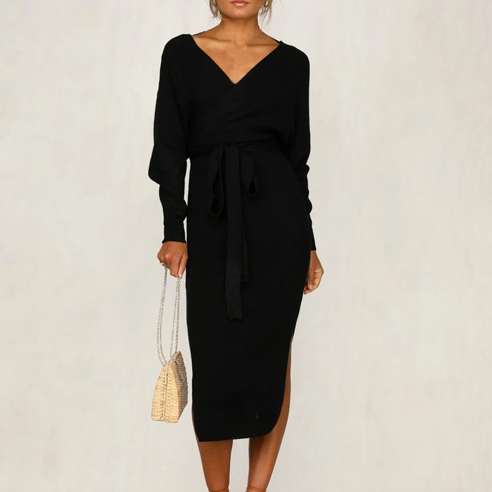 Женское трикотажное платье миди Повседневное вечернее с глубоким v-образным