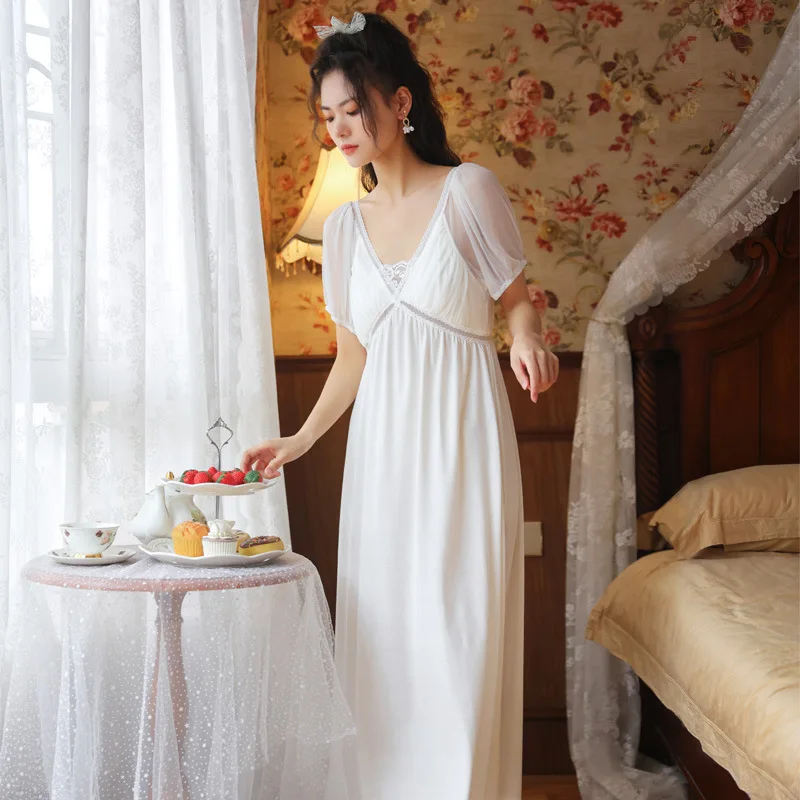 

Victorian Cotton Night Dress Women Fairy White Lace Mesh Sleeve Peignoir Long Robe Princess Sleepwear Vintage Romantic Nightgown