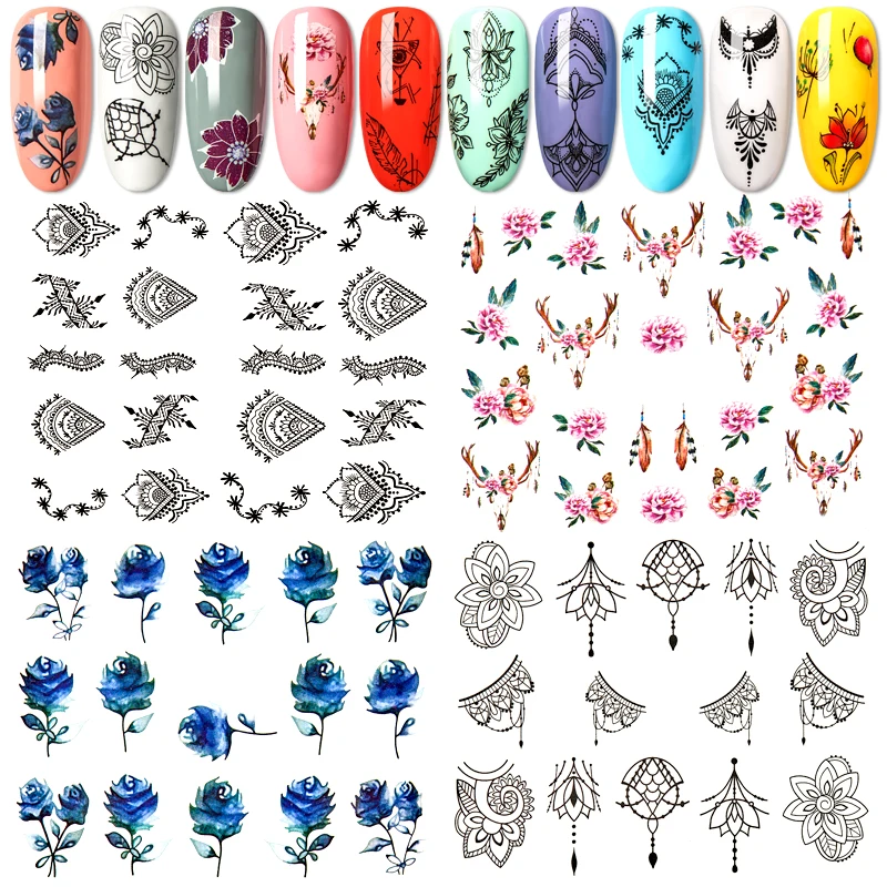 

FOUR LILY Water Transfer Tips Nail Art Pink Blue Rose Flower Stickers Manicure Decals Colorful Floral Nail Watermark Slider Tips