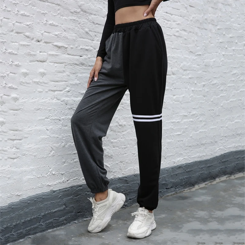 

High Waist Black Patchwork Sports Harem Pants Autumn Winter Women Loose Casual Sporty Streetwear Trousers