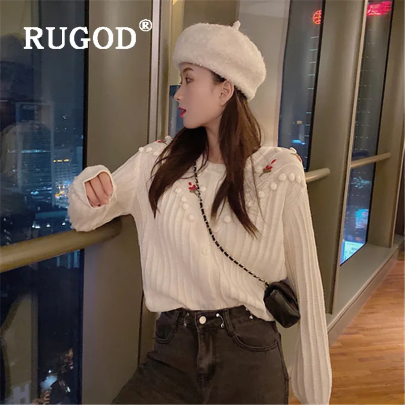 Женский вязаный кардиган с длинным рукавом RUGOD свитер цветочной вышивкой в