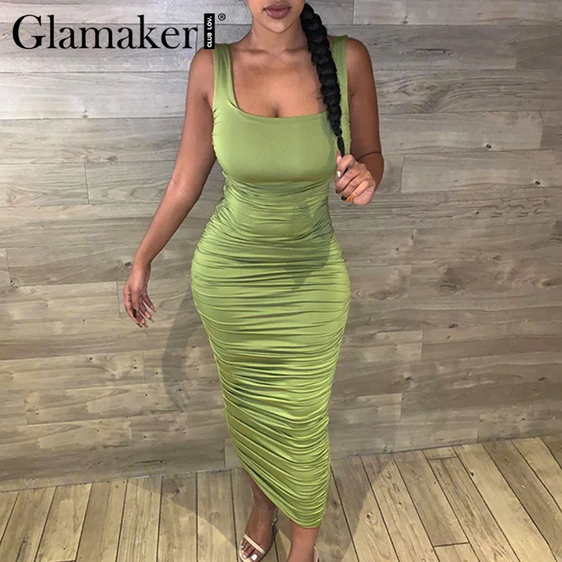 Женское Плиссированное Платье-миди Glamaker зеленое пикантное облегающее Черное