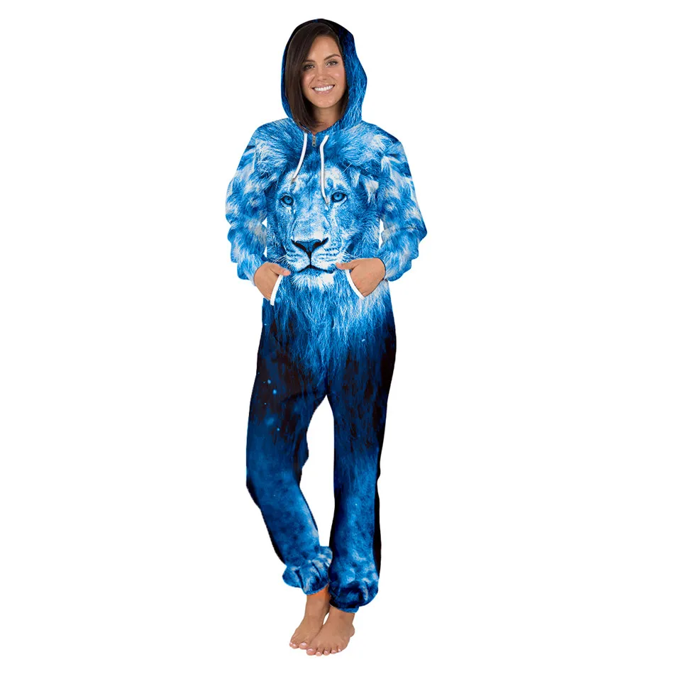 Женская зимняя свободная Пижама с капюшоном и принтом в виде голубого льва |