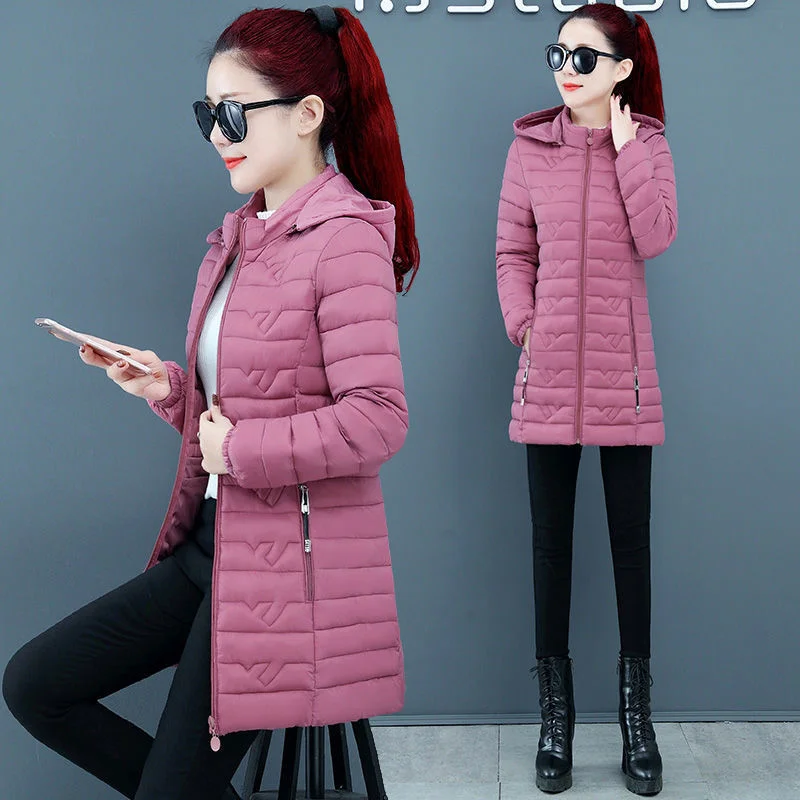 

2021 Autumn Winter Femme Thin Down Cotton Jacket Women Slim Long Hooded Warm Coat Female Parkas Womens Outwear Manteau Femme