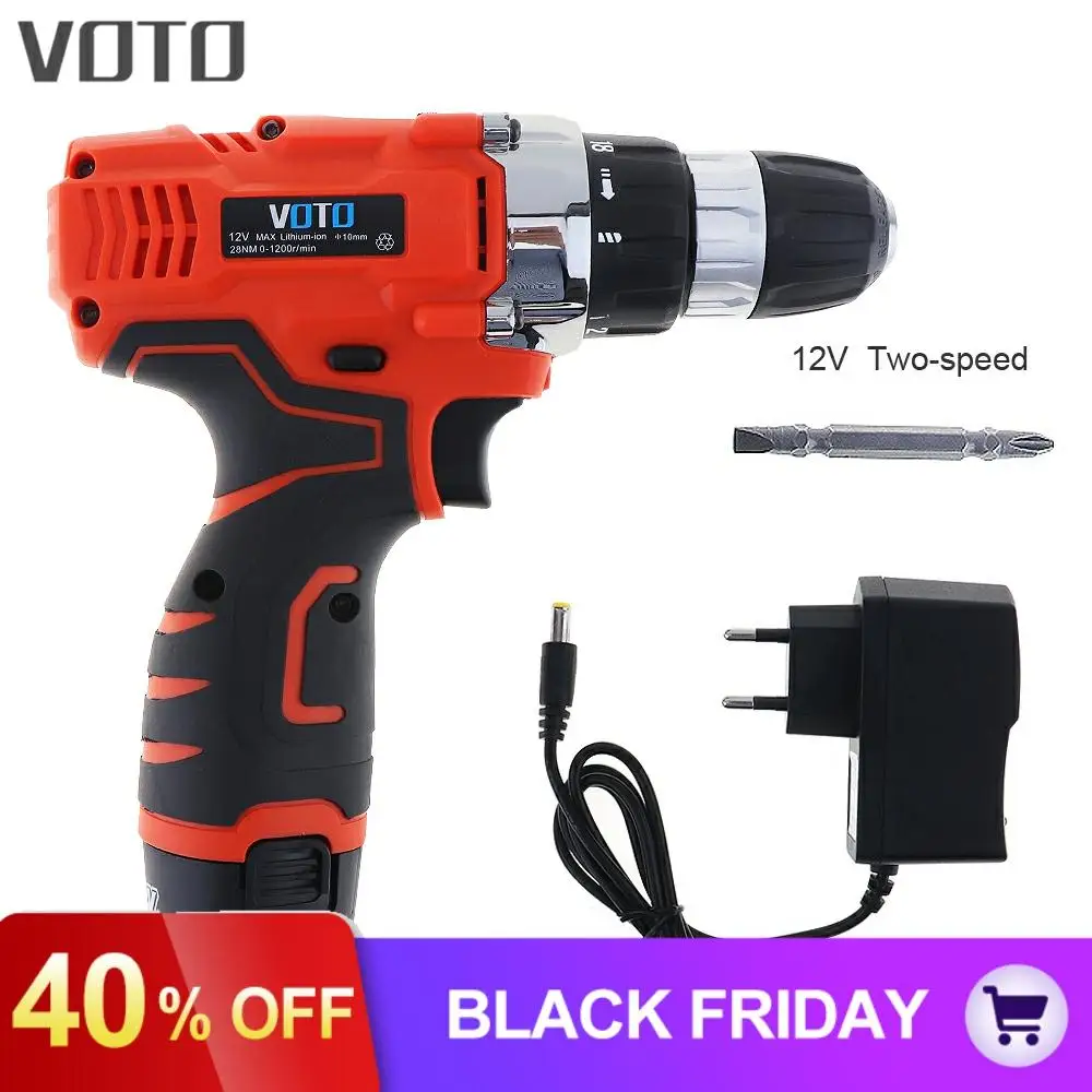 VOTO AC 100-240 V 12V Беспроводная электрическая отвертка двухскоростная Регулировка отвертки электроинструменты для пробивания дерева сверления