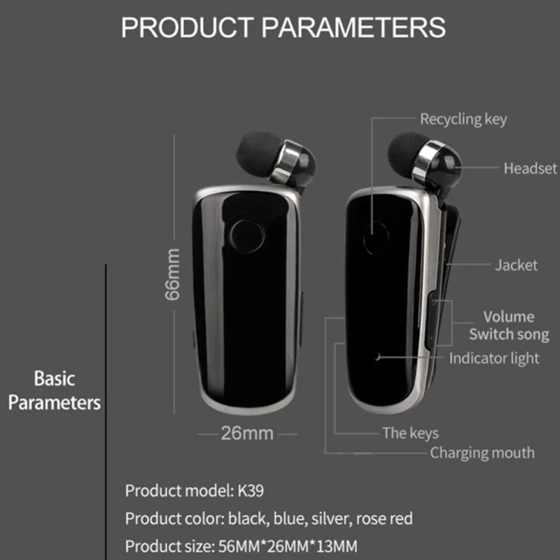 K39 Wireless Bluetooth Headset CSR DSP Chip In-Ear Vibrating Alert Wear Clip Hands Free Earphone | Электроника