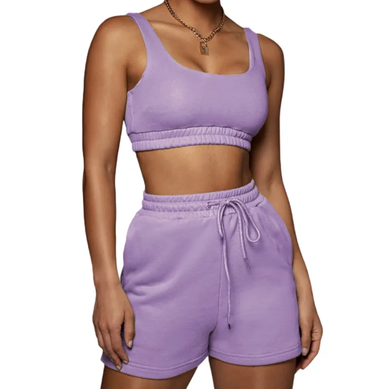 

Women Tank + Shorts, Sexy Showing Navel Adjustable Drawstring High Elastic Waist Solid Color 2pc Sets Summer Clothing 2021