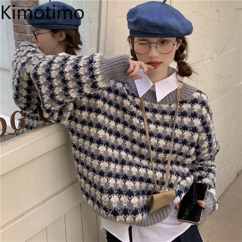 

Kimotimo Striped Sweater Women 2021 Autumn Winter Lazy O-neck Pullover Japanese Style Retro Long Sleeve Loose All-match Sweaters