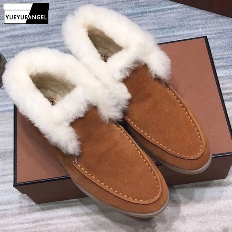 

High-Top Fleece Lining Flat Shoes Women Unisex Top Quality Winter Warm Snow Shoes Round Toe Fur Ankle Shoes Loafers Plus Size