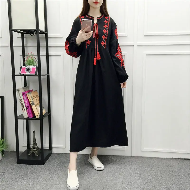 Женское богемное Платье макси с цветочной вышивкой круглым вырезом и рукавами