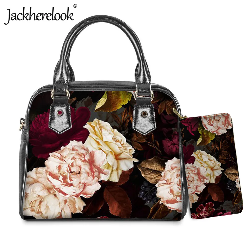 

Jackherelook Rose Print Female Tote Bag Luxury PU Handbag Clutch Wallet 2pcs/Set for Women Fashion Floral Pattern Crossbody Bag