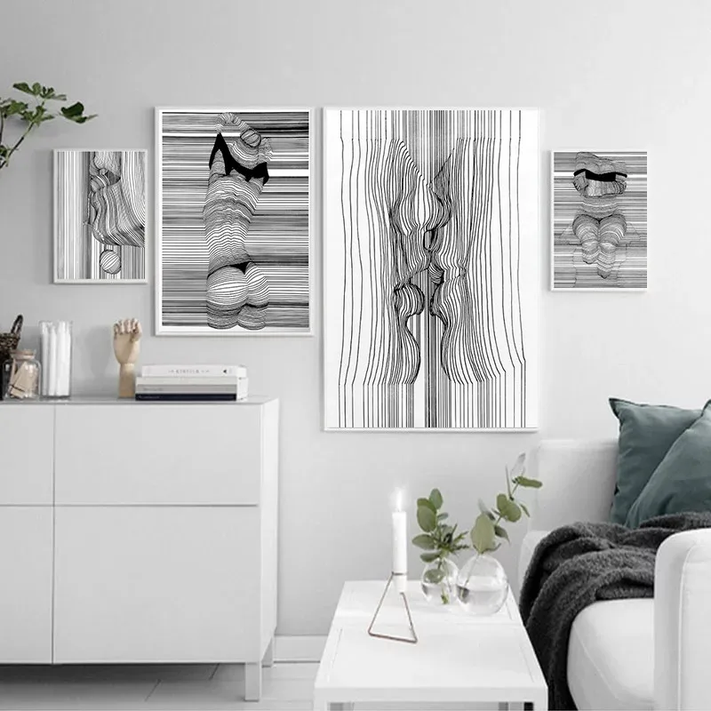 

Abstract Posters and Prints Black and White Canvas Wall Art Sketch Line Draw Waves Painting Modern Fashion Home Room Decor