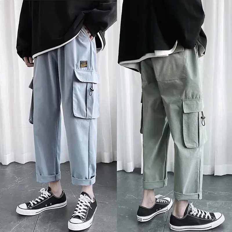 

2020 Hip Hop Cargo Pants for Men Kpop Versatile Baggy Leggings Straight Leg Preppy Style Male Casual Pants Straight Safari Black