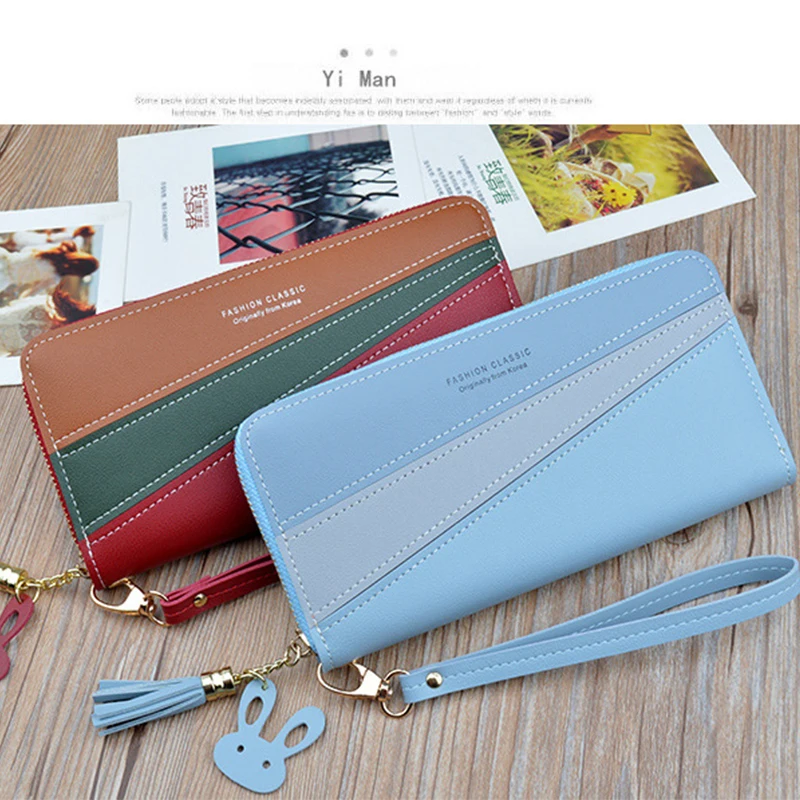 

2021Wristband Mobile Wallet Clutch Ladies Long Contrasting Color Stitching Zipper Tassel Large Capacity Card Bag Leather Wallet