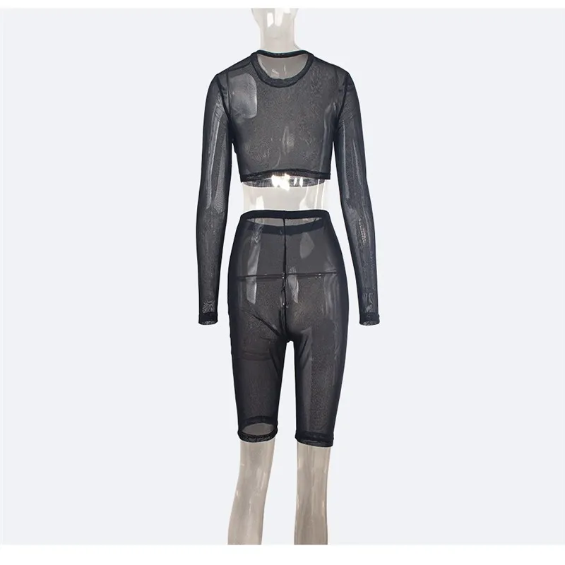 Сетчатый Женский комплект 2 шт. топ с длинными рукавами и шорты из двух предметов