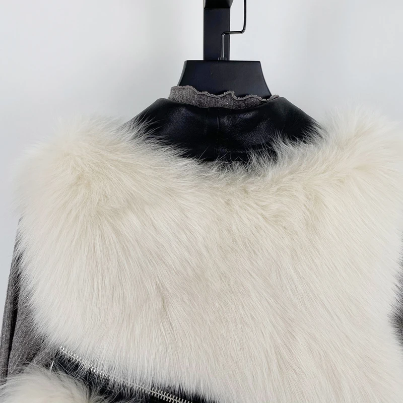 

rf20210 Zipper Motorcycle Fox Fur Vest Genuine Leather Sleeveless Real Fur Waistcoat Women