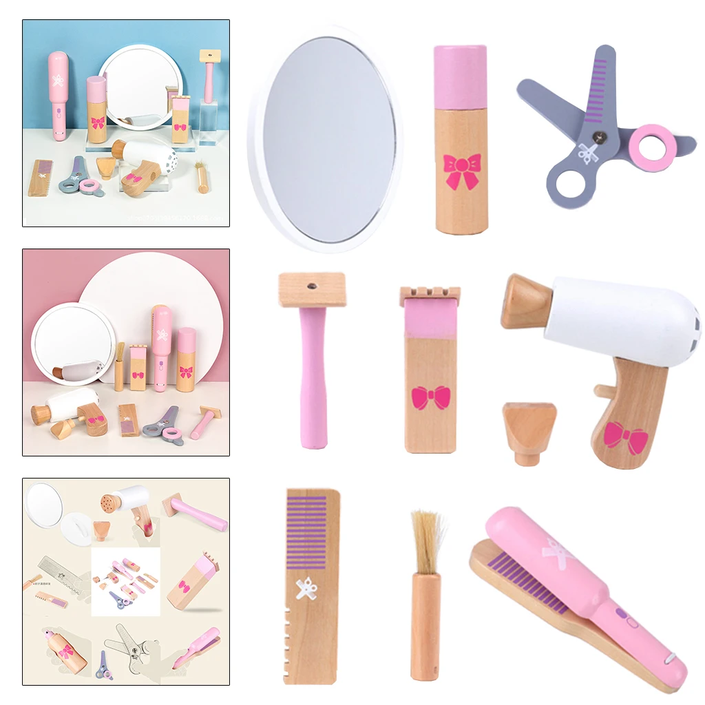 

Wooden Beauty Salon Toys for Girls Makeup Playset 9Pcs Comb Brush Kit Gift