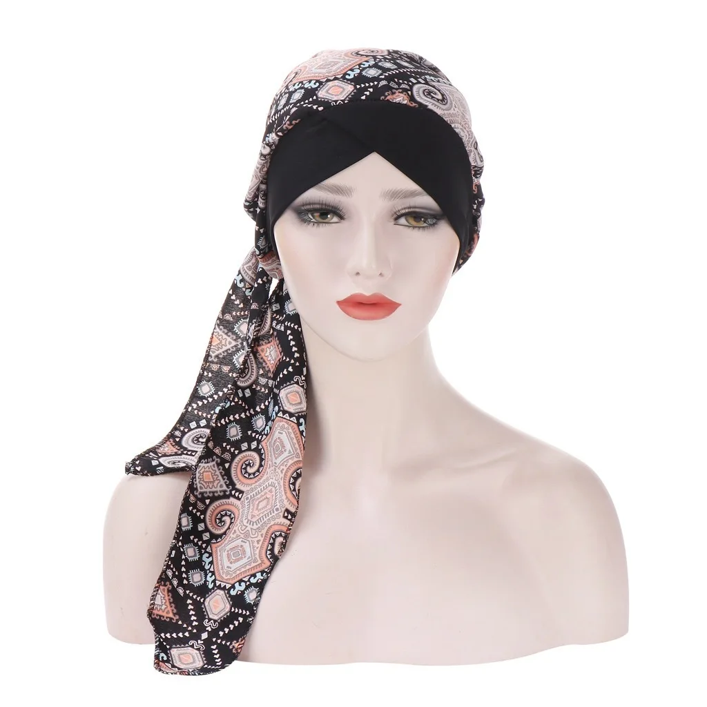New Bright Silk Forehead Floral Fashion Cross Head Cap Chiffon Chemotherapy Hat Hot Sale Cotton Hijab Turban hijab Bonnet Islam |