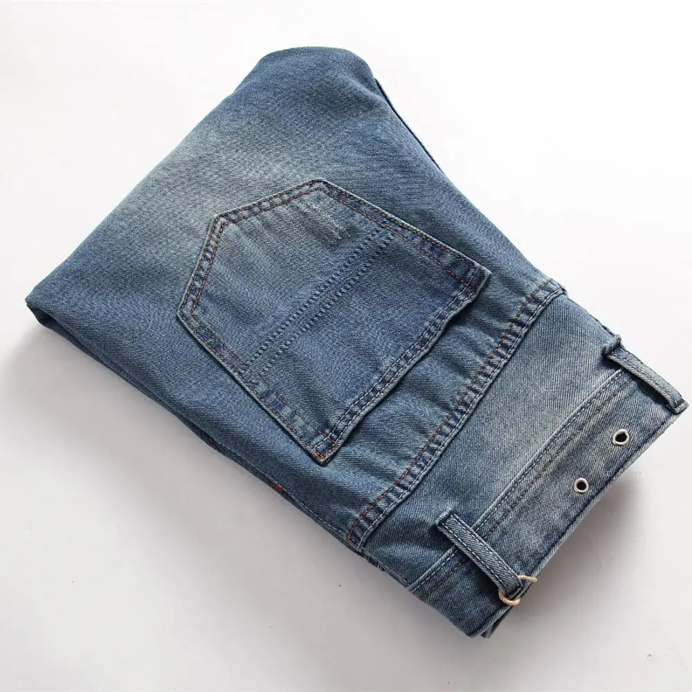 

Fashion Men's Light Blue Distressed Washed Denim Jeans Vintage Straight Slim Fit Hommes Cowboys Trousers Button Male Jean Pants