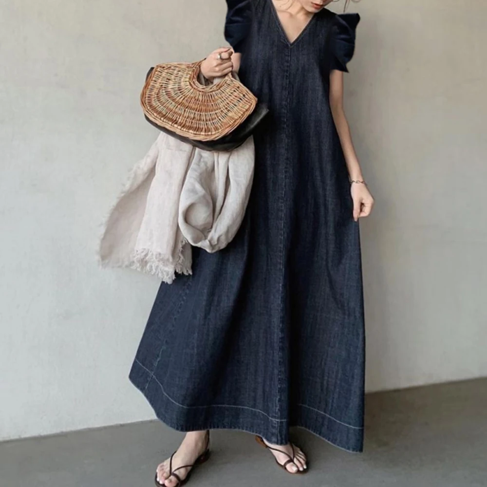 

Summer Dress For Women Denim V Neck Oversize Casual Korean Dresses Cap Sleeve Fashion Maxi Ladies Fashion Swing Female Clothes