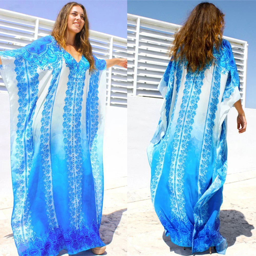 

Oversize Cotton Kaftan Beach Cover Up Women Bohemian Printed Beach Dress Mujer Tunic Half Sleeve Maxi Dress Caftan Sarong Beachw