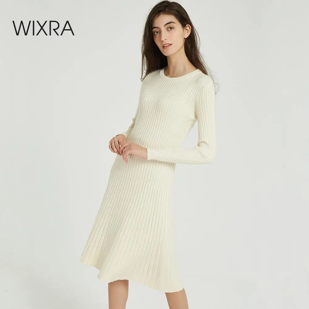 Wixra, женское платье-свитер, элегантное однотонное женское платье с О-образным вырезом, а-силуэт, длина до колена, вязаные платья для девушек, Осень-зима
