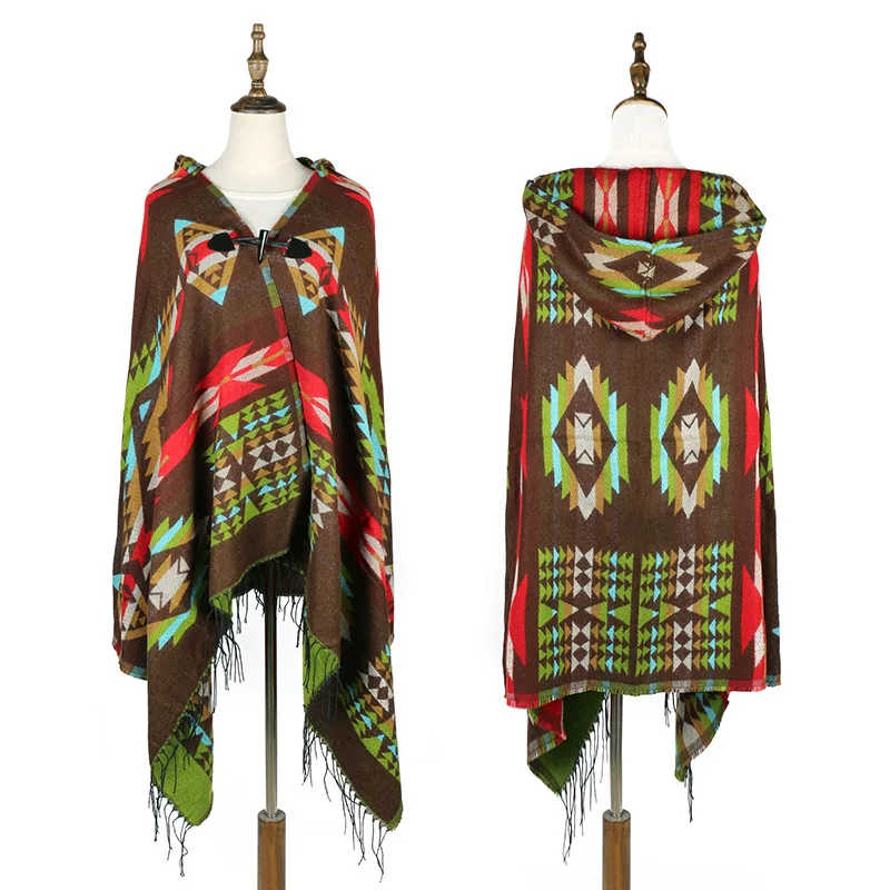 

Ethnic style hooded cloak shawl women winter thickening warm tea card Lijiang Tibet travel red hooded cloak