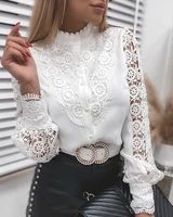 2021 women fashion elegant guipure lace mock neck button design blouse mock neck patchwork solid hollow out ol lady white shirt