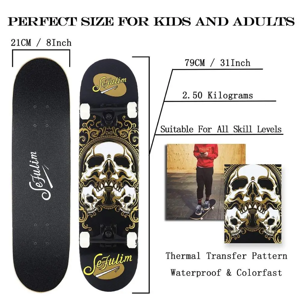 Сефулим 31x8" Комплит Скейтборд С уличным конкейвом, дабл кик пенни для начинающих мальчиков.