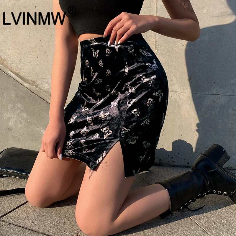 LVINMW сексуальные черные бархатные юбки с принтом бабочки 2020 весенние женские