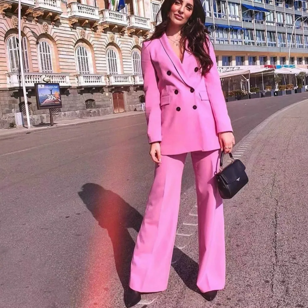 Повседневный желтый розовый блейзер Feminino рабочие брючные костюмы комплекты из 2