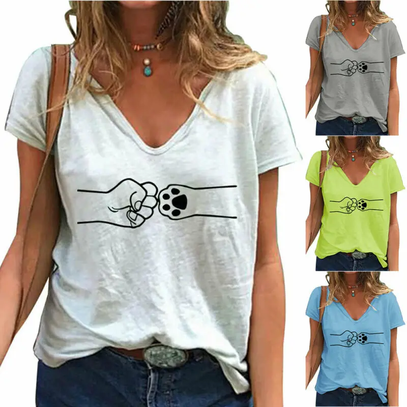 

2021 Summer T Shirt Women Top Tees Short Sleeve Cat Paw Printed T-Shirt Female Casual Loose T Shirt Tops Women Clothing