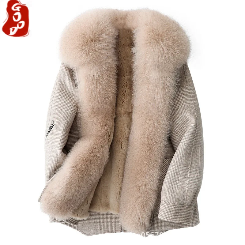 

Real Rabbit Fur Coat Female 2021 Thick Women Wool Jacket + Large Fox Fur Collar Warm Casual Women's Winter Jacket 865205