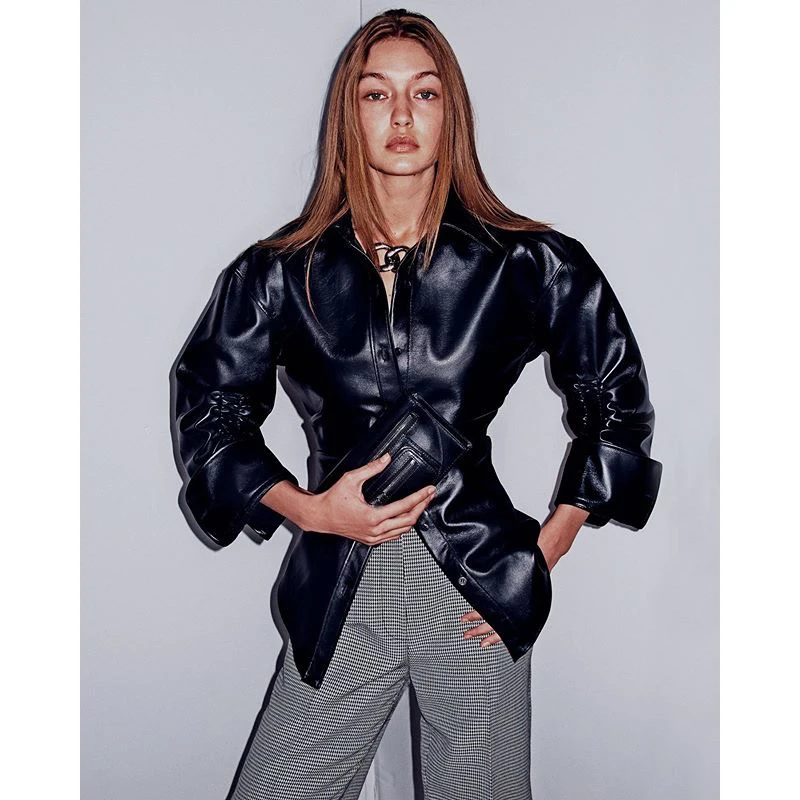 

Fashion 11.27 High Street Ruched Sleeve Irregular Hem Shirt Female Temperament PU Leather Blouse