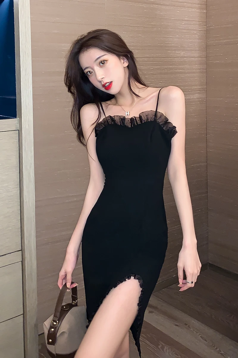 

COIGARSAM Patchwork Women dress Spring Summer Solid Spaghetti Strap Dresses Black 3982