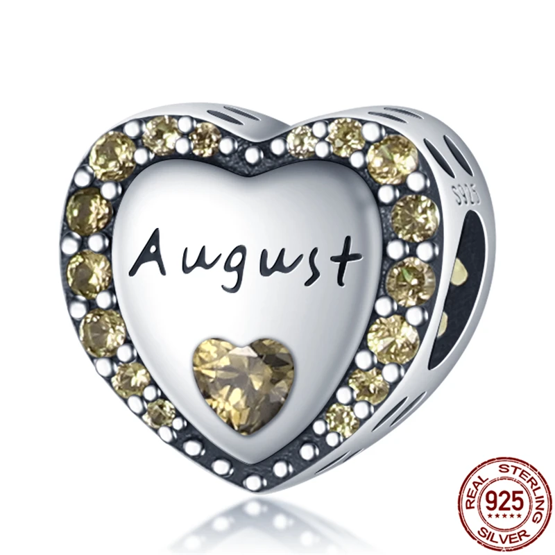 

100% Real 925 Sterling Silver Deep Yellow August Heart Shape Beads Fit Original 3mm Bracelet&Bangle Women Fashion Jewelry Gift