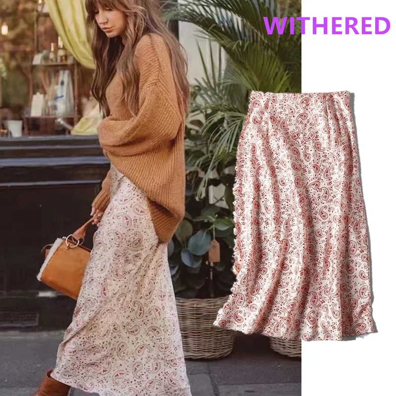 

Withered Ins fashion blogger outfitlook vintage Cashew printing satin midi skirt women faldas mujer moda 2020 long skirts womens